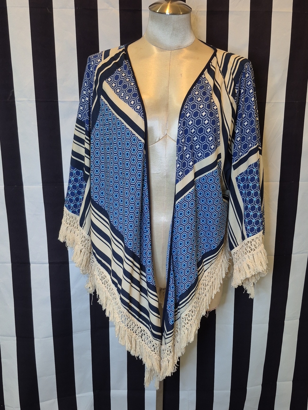Blue & Cream Geometric Fringe Open Front Jacket